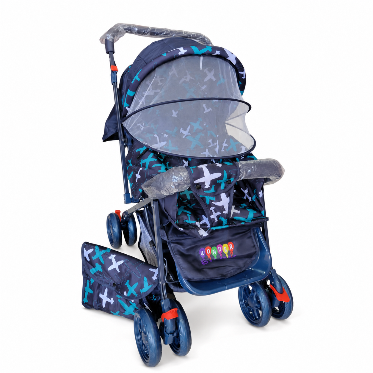 Coche para bebé azul con diseño de aviones y mosquitero