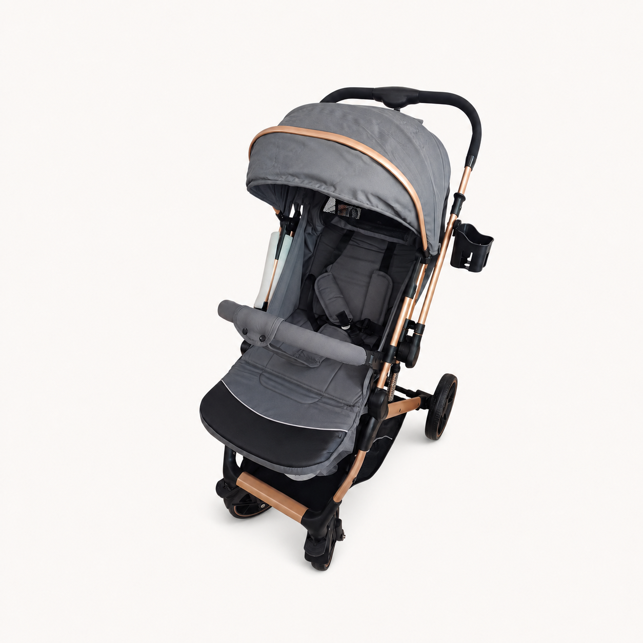 Coche para bebé gris con cobre