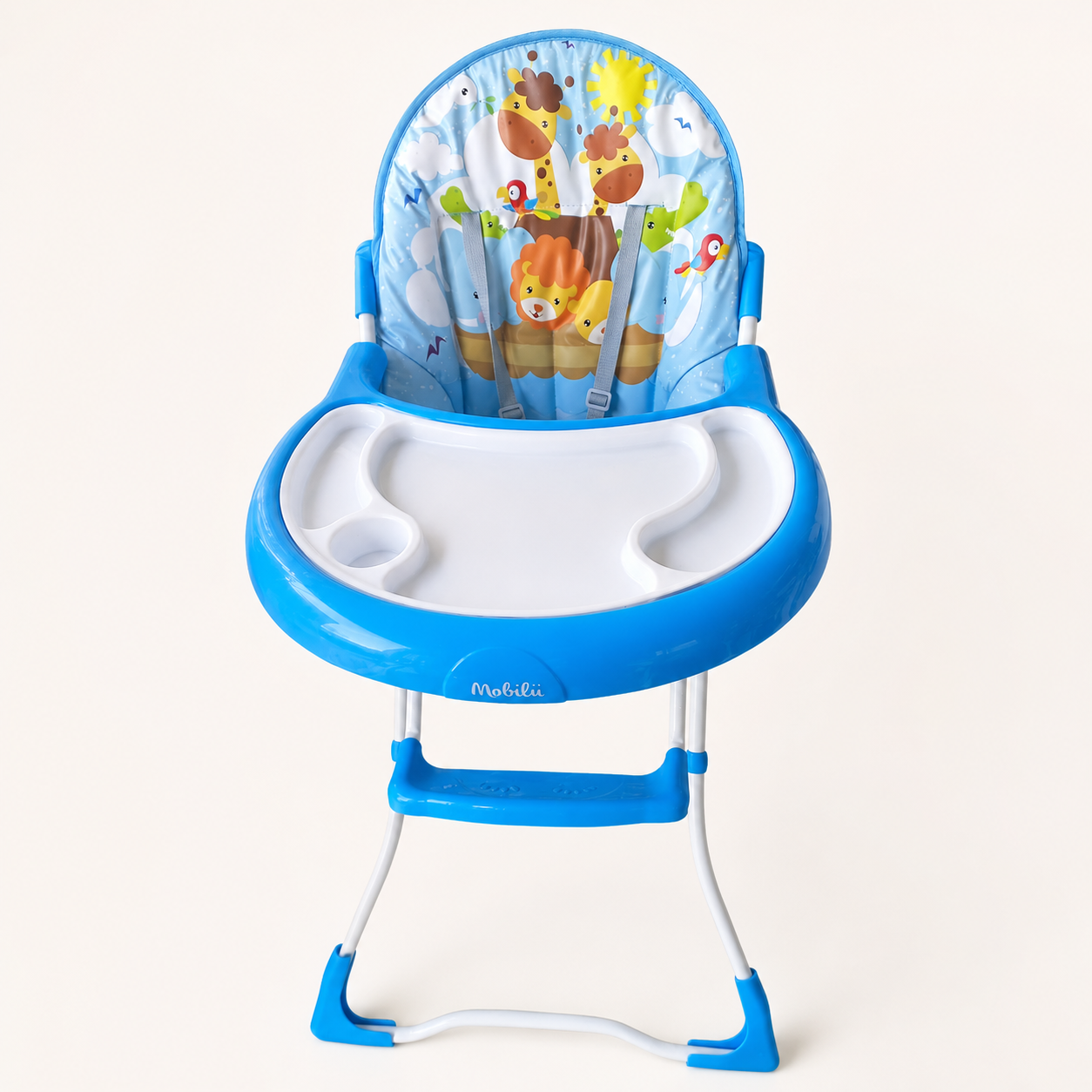 Silla de comer azul con animales